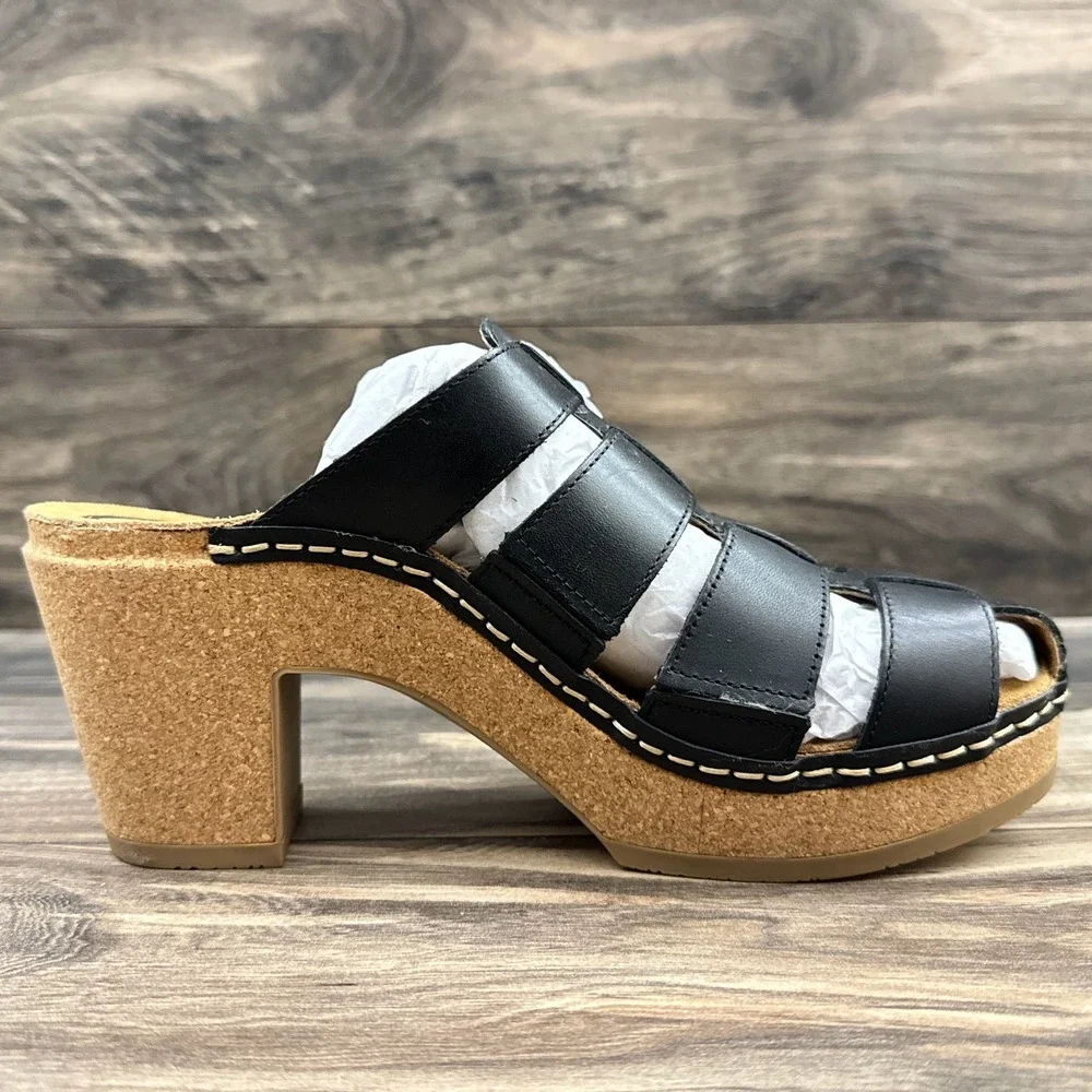 NIB Aetrex Cally 39 8.5 Black Leather Slip On Fisherman Heels Clog Sandals - Picture 8 of 12